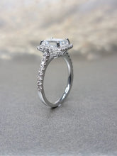 Load image into Gallery viewer, 2.00ct Emerald Cut Moissanite Diamond With Side Stone Halo Ring