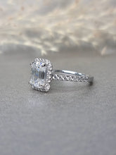 Load image into Gallery viewer, 2.00ct Emerald Cut Moissanite Diamond With Side Stone Halo Ring