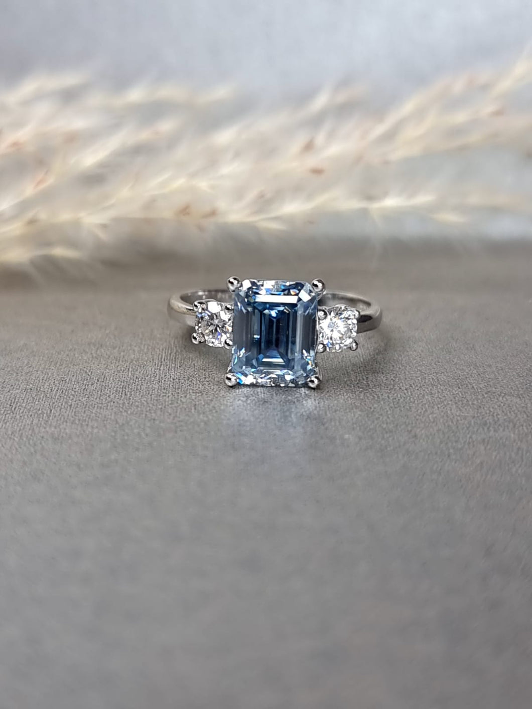 3.00ct Vivid Blue Emerald Cut Moissanite Diamond With Side Stone Ring