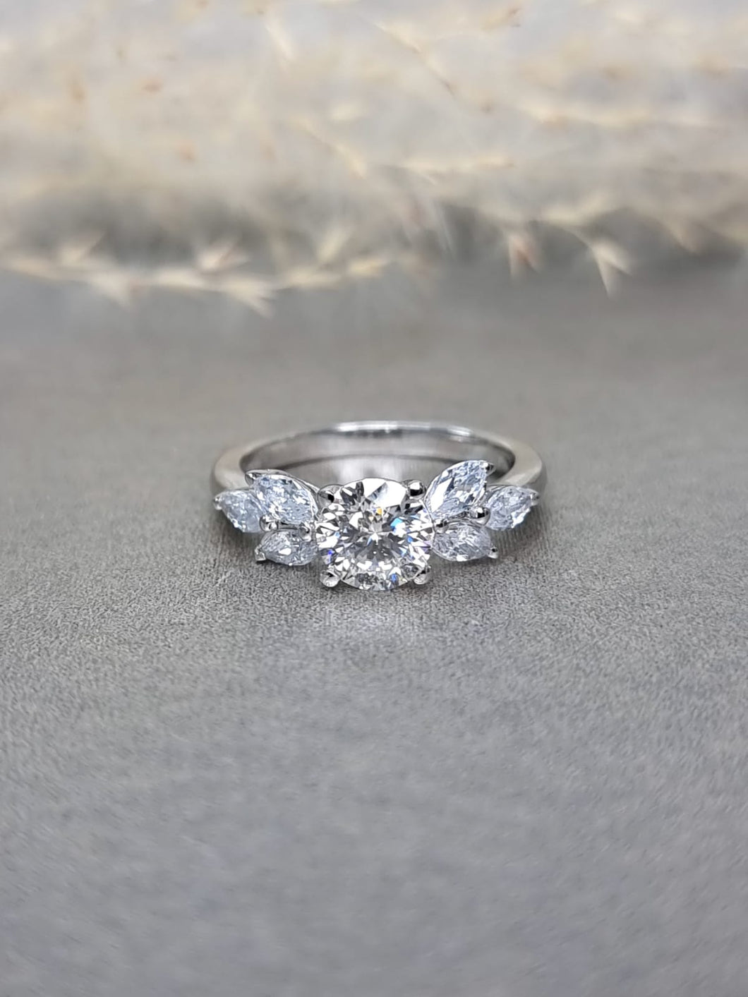 1.00ct Round Brilliant Cut Moissanite Diamond With Side Marquise Cut Stone Ring