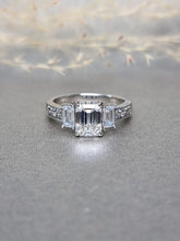 Load image into Gallery viewer, 2.00ct Emerald Cut Moissanite Diamond With Baguette Cut Side Stone Ring
