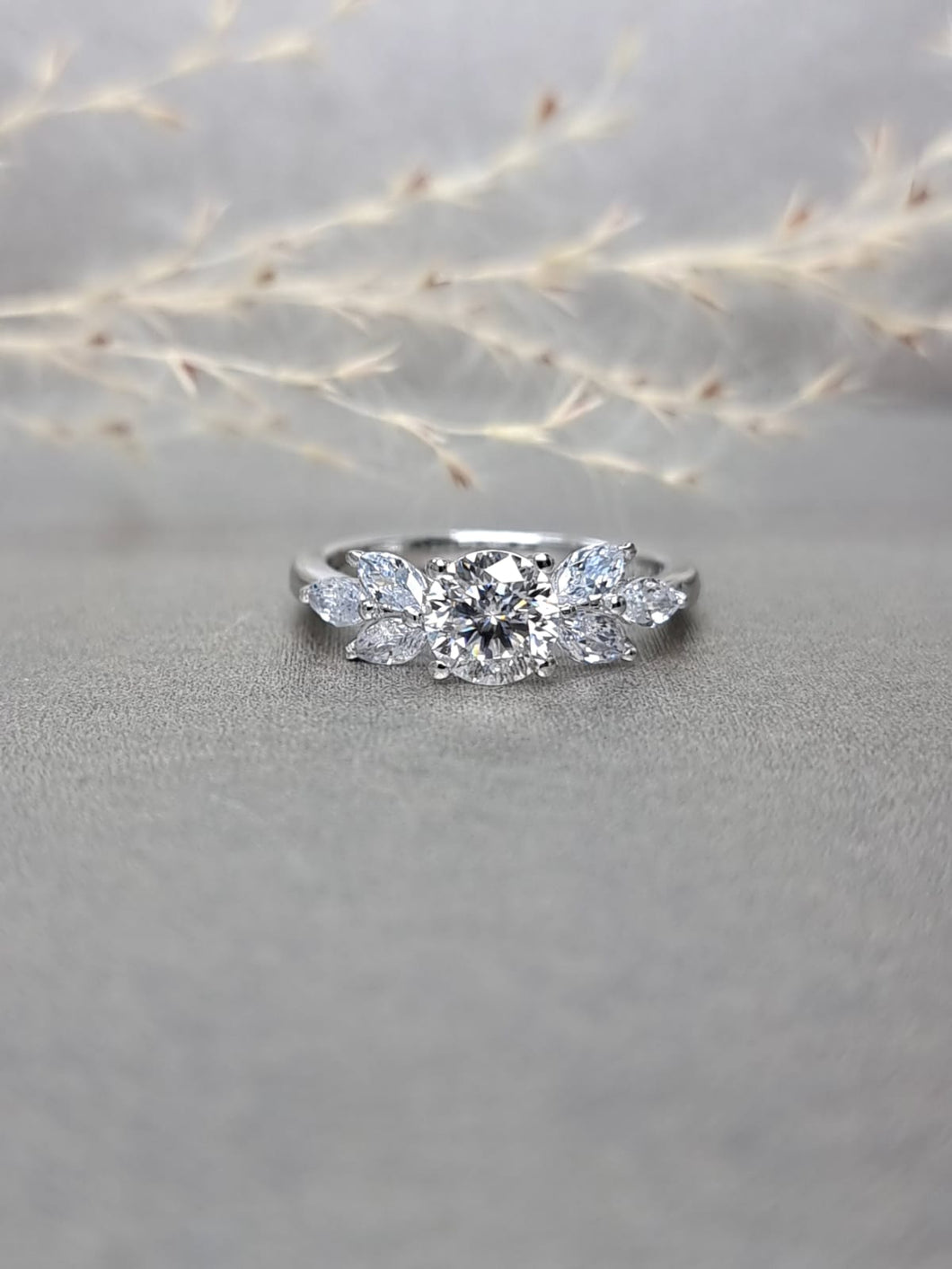 1.00ct Round Brilliant Cut Moissanite Diamond With Side Stone Marquise Cut Ring