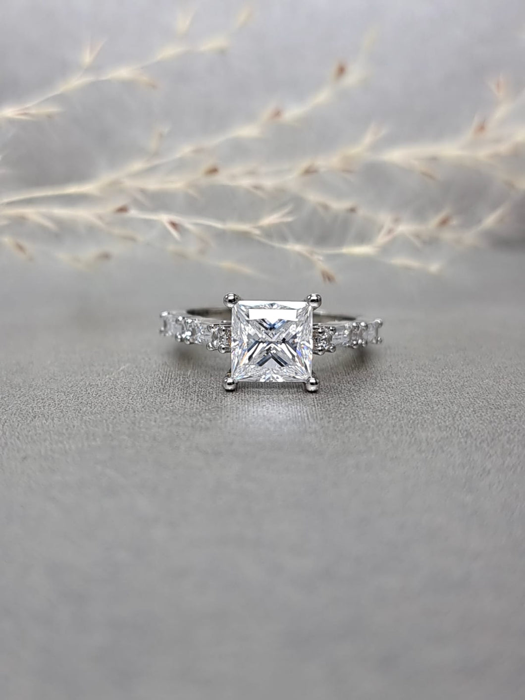 2.00ct Princess cut Moissanite Diamond With Side Stone Ring
