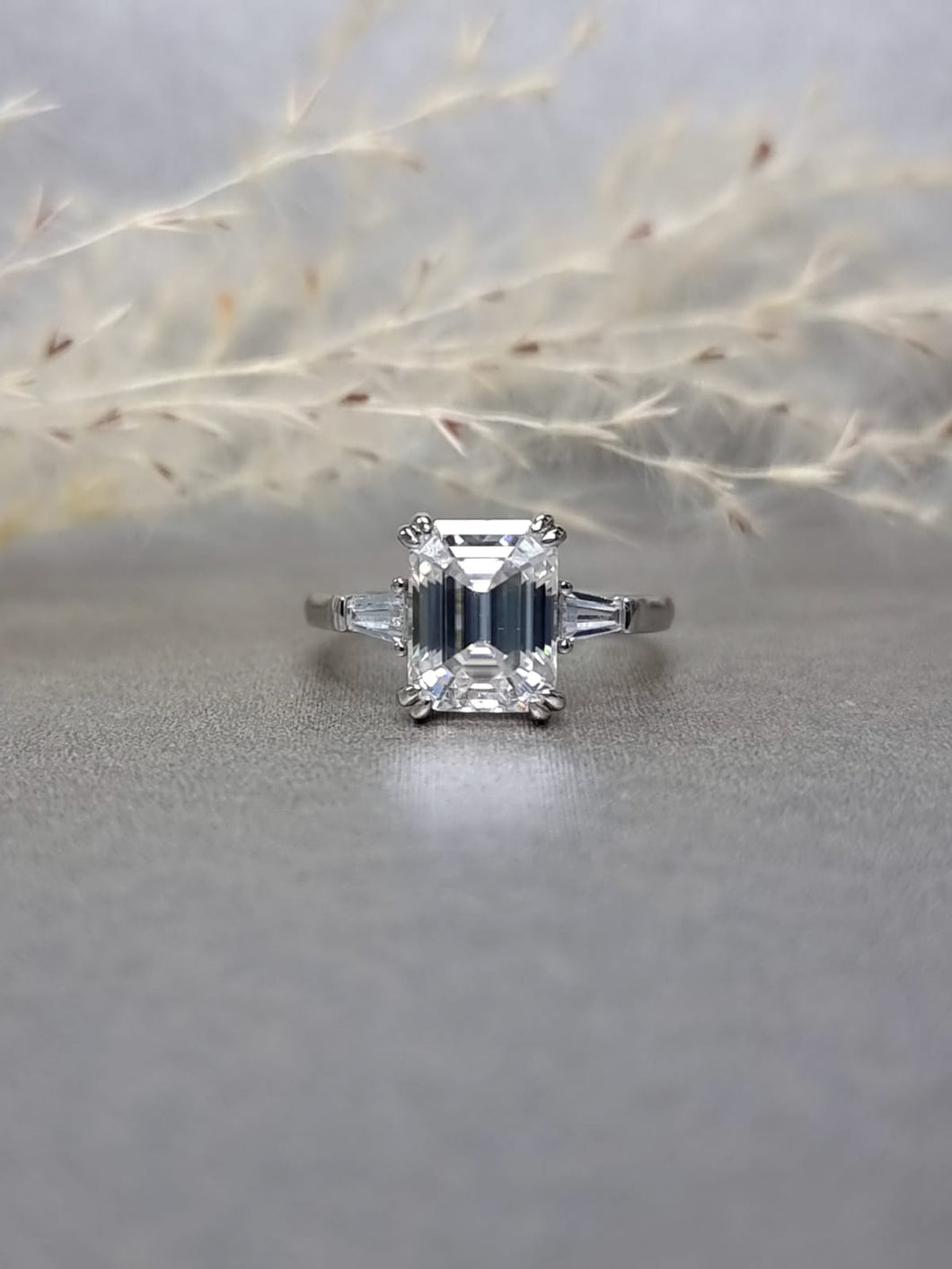 3.00ct Emerald Cut Moissanite Diamond With Tapered Side Stone Classic Ring