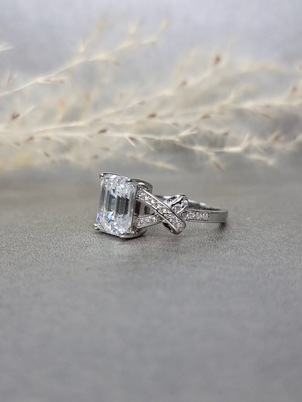 Emerald Cut Moissanite Diamond With Criss-cross Ring