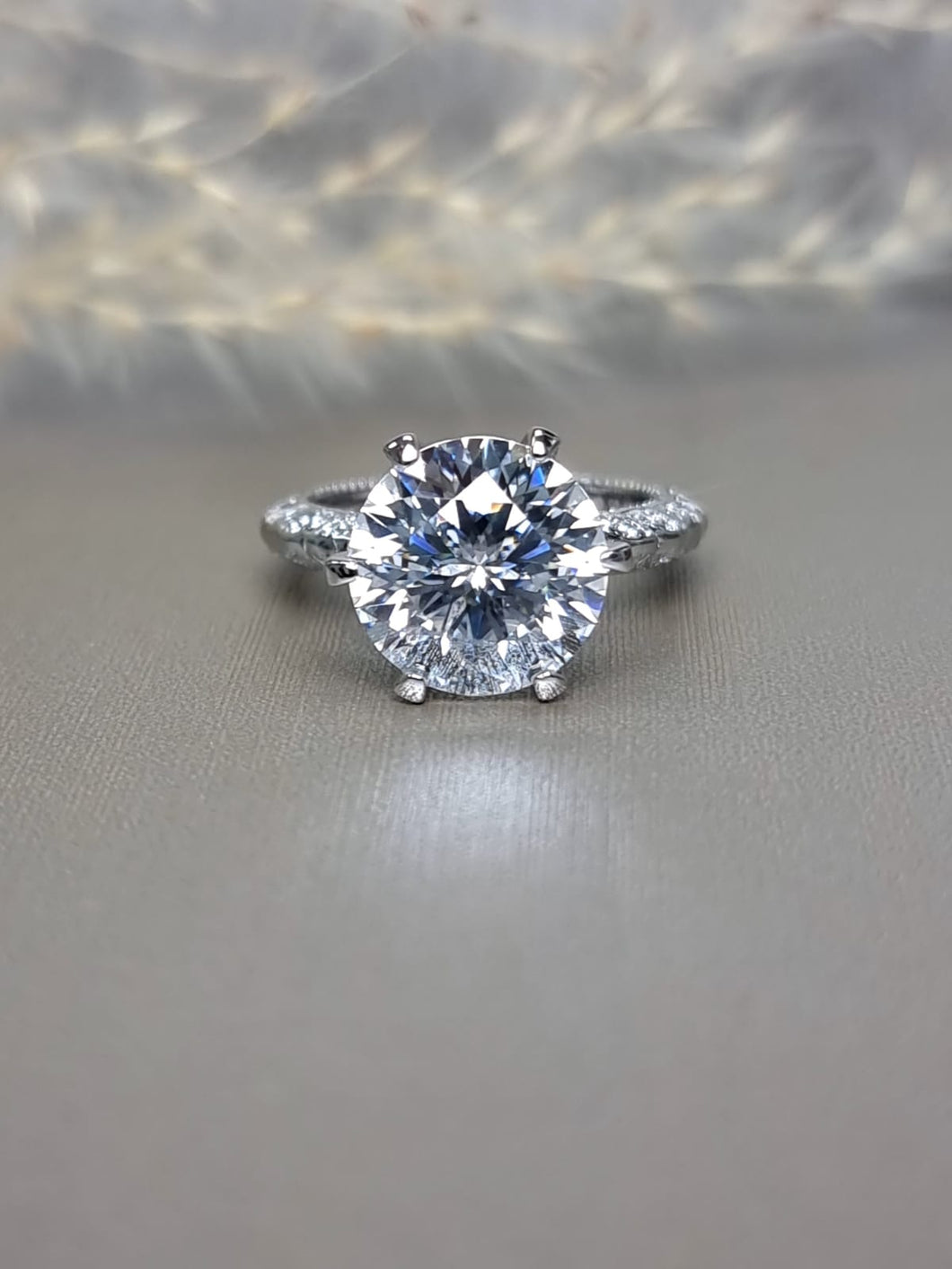 5.00ct Round Brilliant Cut Moissanite Diamond With Side Stone Unique Band Ring